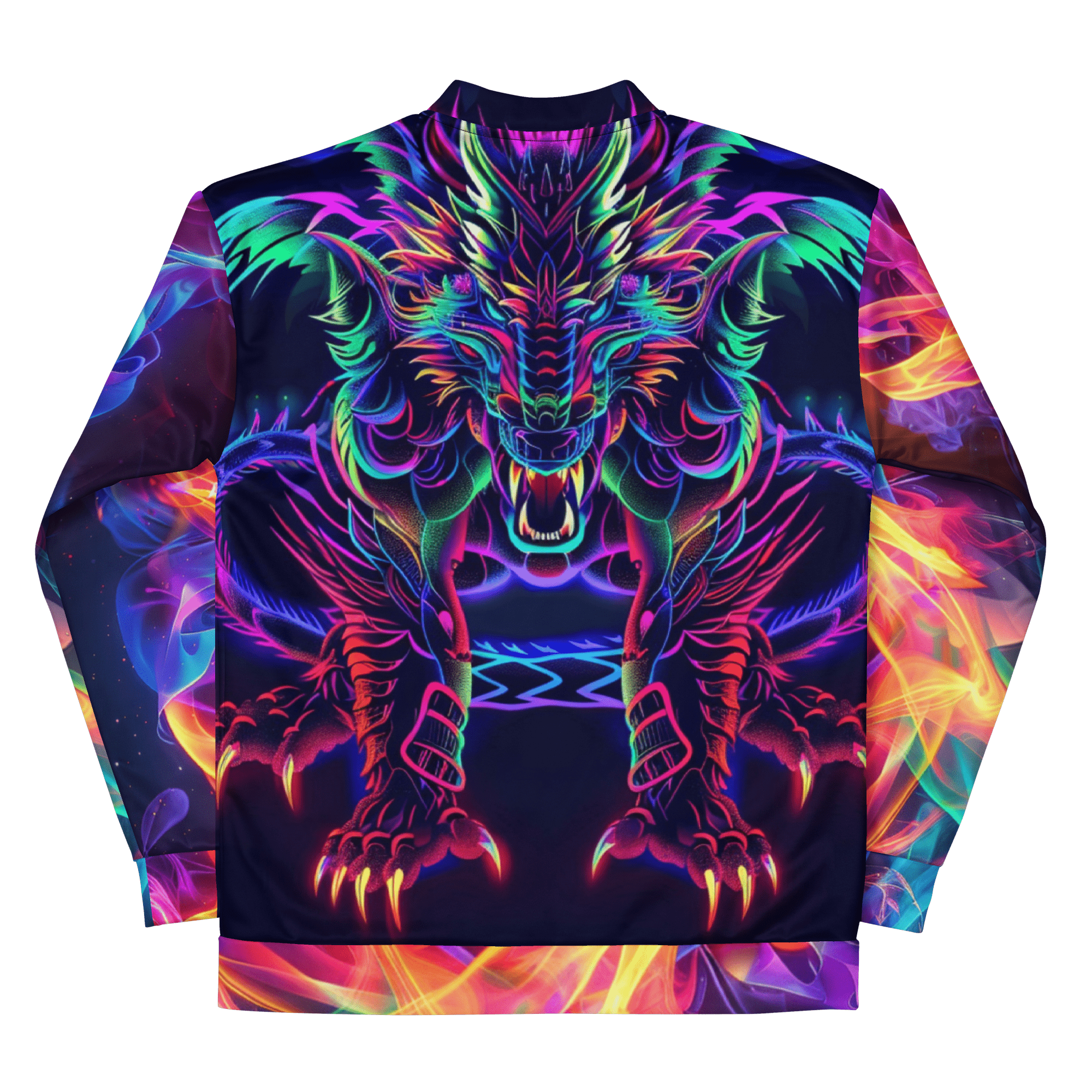 Neon Chimären - Wolf Bomberjacke – Neon Chimären Jacke - Bunte Allover Print Streetwear für Damen & Herren | Tribal Feuer Design von Brezno – Streetwear von Brezno | Streetwear Bomberjacke
