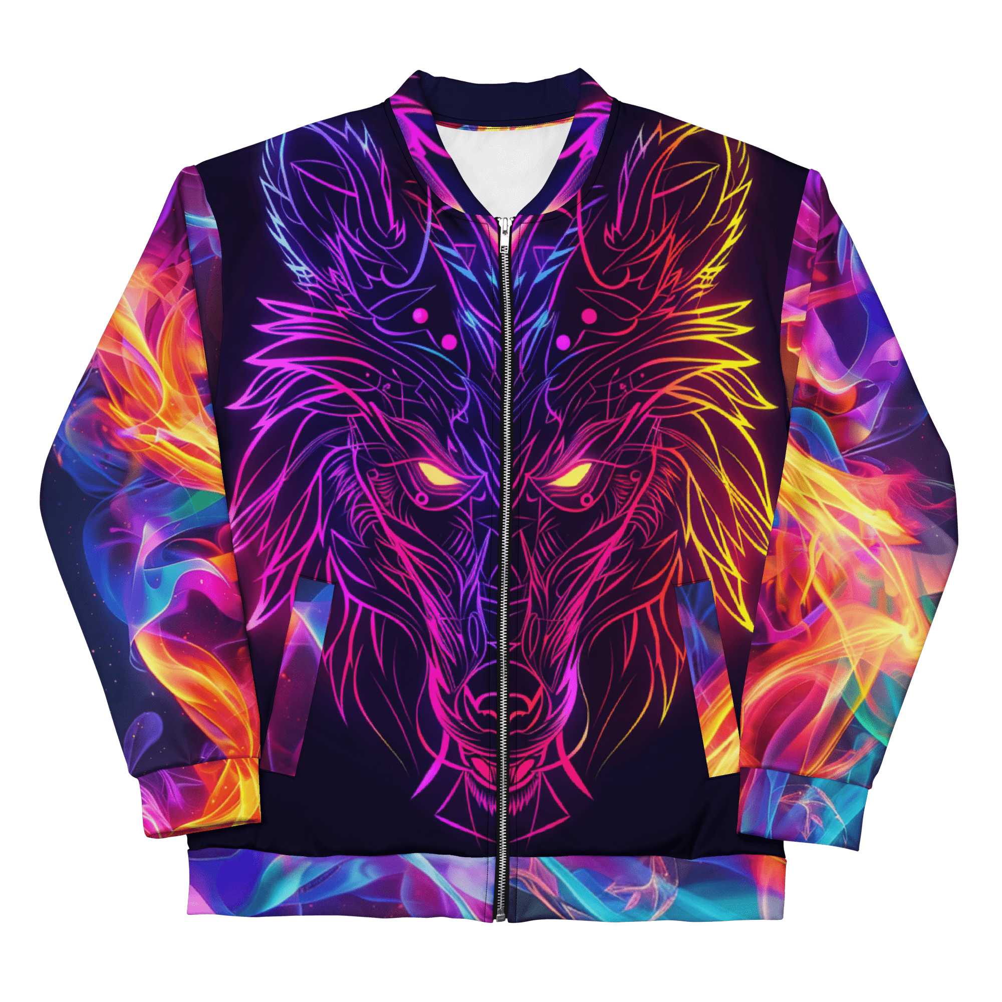Neon Chimären - Wolf Bomberjacke – Neon Chimären Jacke - Bunte Allover Print Streetwear für Damen & Herren | Tribal Feuer Design von Brezno – Streetwear von Brezno | Streetwear Bomberjacke