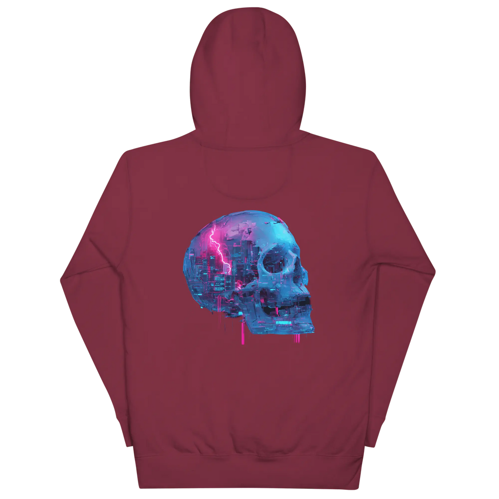 Cyber Skull Hoodie - Glitch Totenkopf Neon Streetwear Pullover von Brezno 