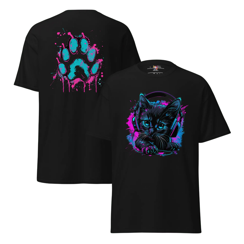 Kawaii Cyber Cat Shirt von Brezno – Neon Katze mit Kopfhörern & bunter Pfoten-Backprint | Streetwear Design | Unisex T-Shirt 