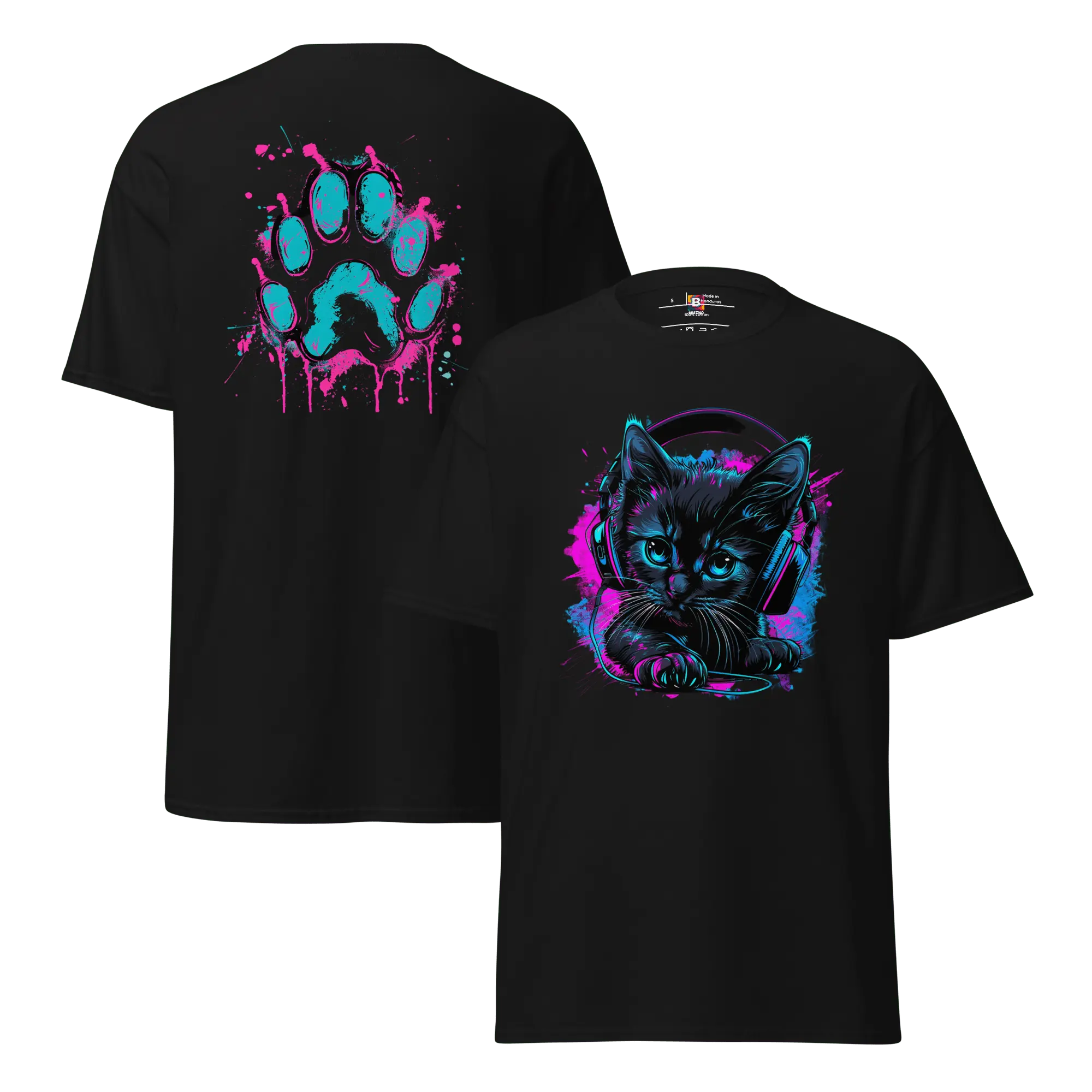 Kawaii Cyber Cat Shirt von Brezno – Neon Katze mit Kopfhörern & bunter Pfoten-Backprint | Streetwear Design | Unisex T-Shirt 