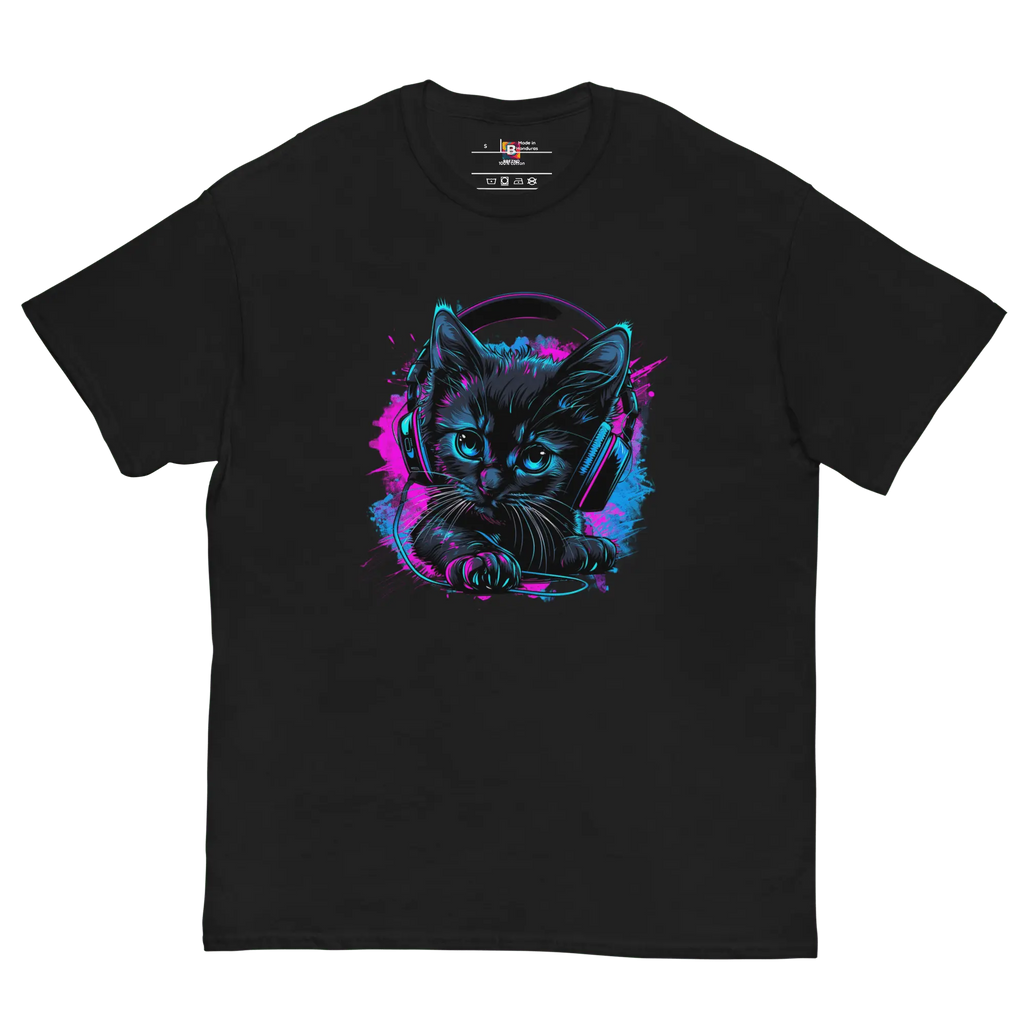 Kawaii Cyber Cat Shirt von Brezno – Neon Katze mit Kopfhörern & bunter Pfoten-Backprint | Streetwear Design | Unisex T-Shirt 