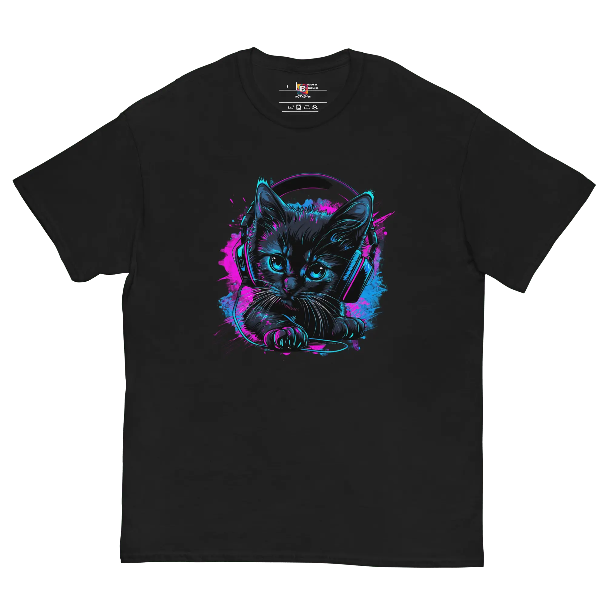 Kawaii Cyber Cat Shirt von Brezno – Neon Katze mit Kopfhörern & bunter Pfoten-Backprint | Streetwear Design | Unisex T-Shirt 