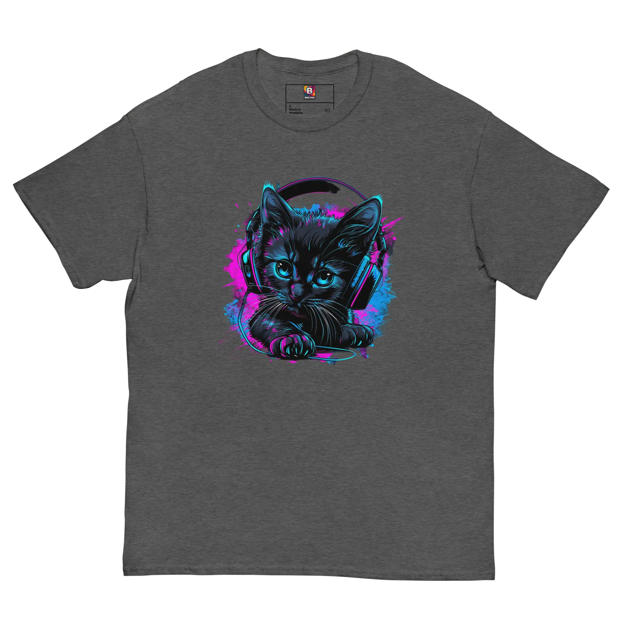 Kawaii Cyber Cat Shirt von Brezno – Neon Katze mit Kopfhörern & bunter Pfoten-Backprint | Streetwear Design | Unisex T-Shirt 
