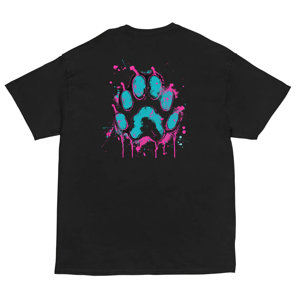Kawaii Cyber Cat Shirt von Brezno – Neon Katze mit Kopfhörern & bunter Pfoten-Backprint | Streetwear Design | Unisex T-Shirt 