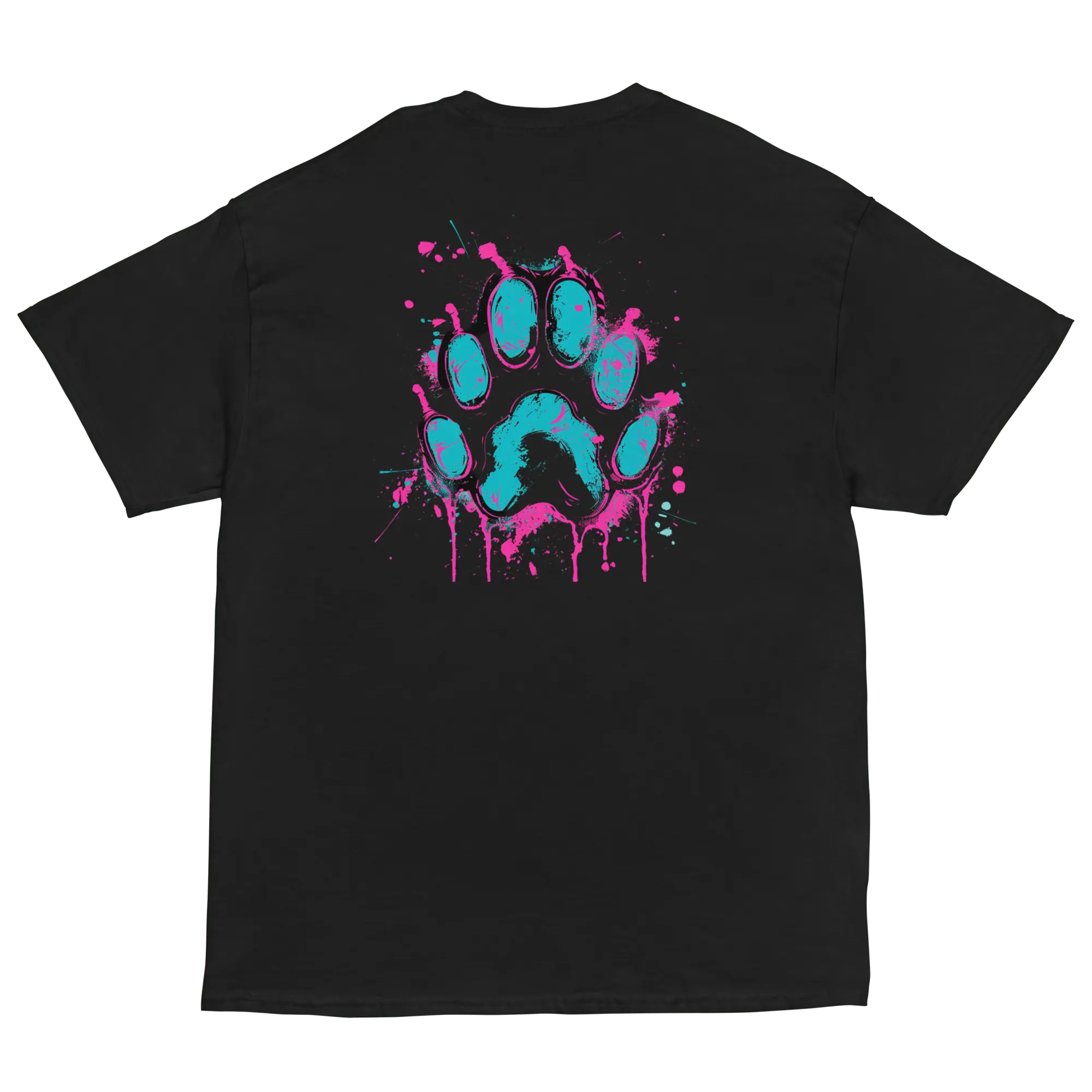 Kawaii Cyber Cat Shirt von Brezno – Neon Katze mit Kopfhörern & bunter Pfoten-Backprint | Streetwear Design | Unisex T-Shirt 