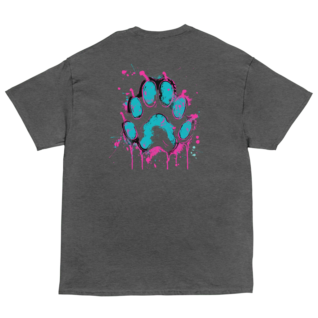 Kawaii Cyber Cat Shirt von Brezno – Neon Katze mit Kopfhörern & bunter Pfoten-Backprint | Streetwear Design | Unisex T-Shirt 