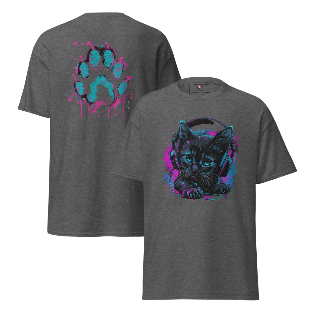 Kawaii Cyber Cat Shirt von Brezno – Neon Katze mit Kopfhörern & bunter Pfoten-Backprint | Streetwear Design | Unisex T-Shirt 