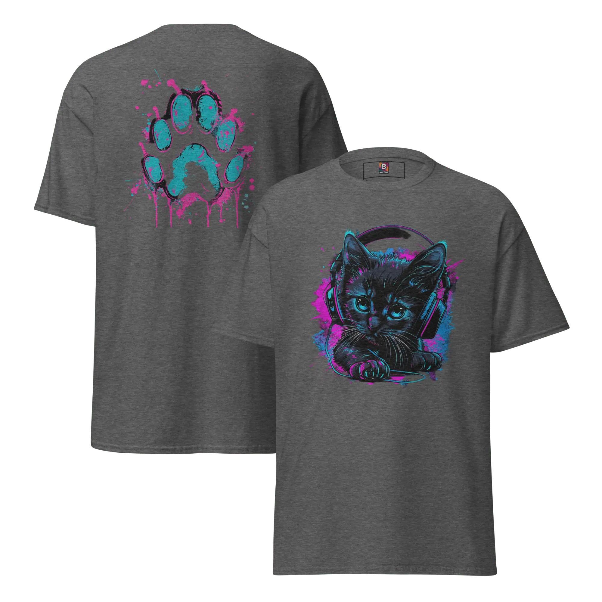 Kawaii Cyber Cat Shirt von Brezno – Neon Katze mit Kopfhörern & bunter Pfoten-Backprint | Streetwear Design | Unisex T-Shirt 
