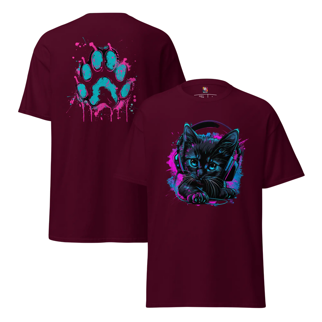Kawaii Cyber Cat Shirt von Brezno – Neon Katze mit Kopfhörern & bunter Pfoten-Backprint | Streetwear Design | Unisex T-Shirt 