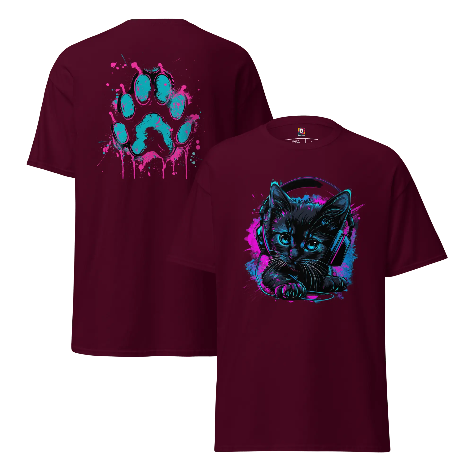 Kawaii Cyber Cat Shirt von Brezno – Neon Katze mit Kopfhörern & bunter Pfoten-Backprint | Streetwear Design | Unisex T-Shirt 