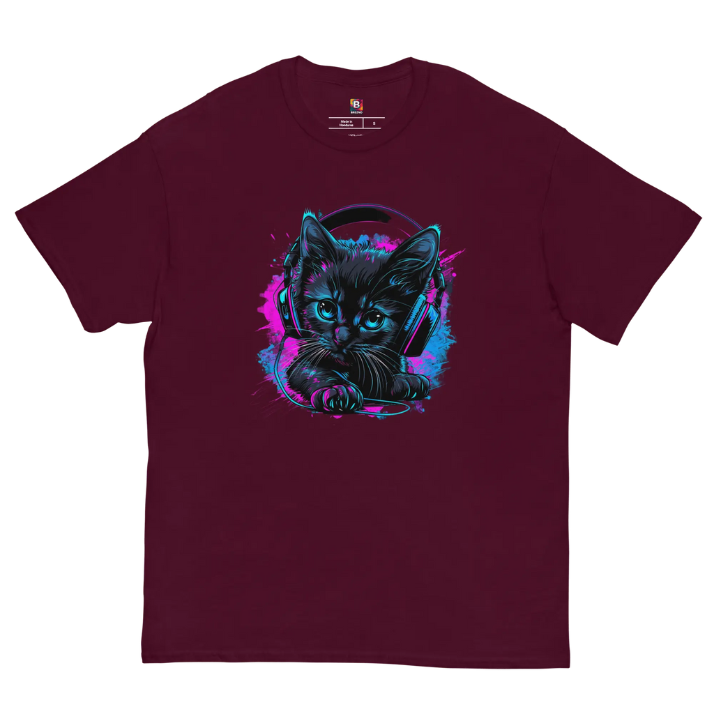 Kawaii Cyber Cat Shirt von Brezno – Neon Katze mit Kopfhörern & bunter Pfoten-Backprint | Streetwear Design | Unisex T-Shirt 