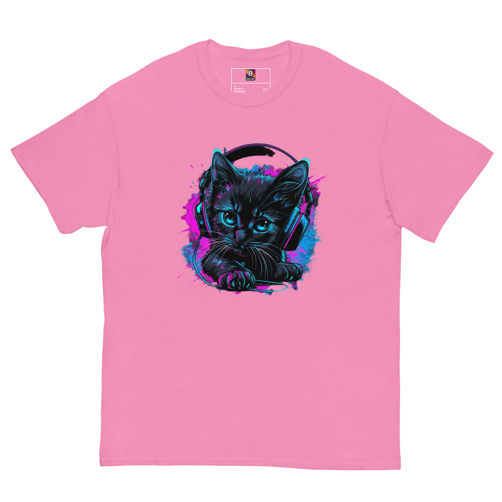 Kawaii Cyber Cat Shirt von Brezno – Neon Katze mit Kopfhörern & bunter Pfoten-Backprint | Streetwear Design | Unisex T-Shirt 