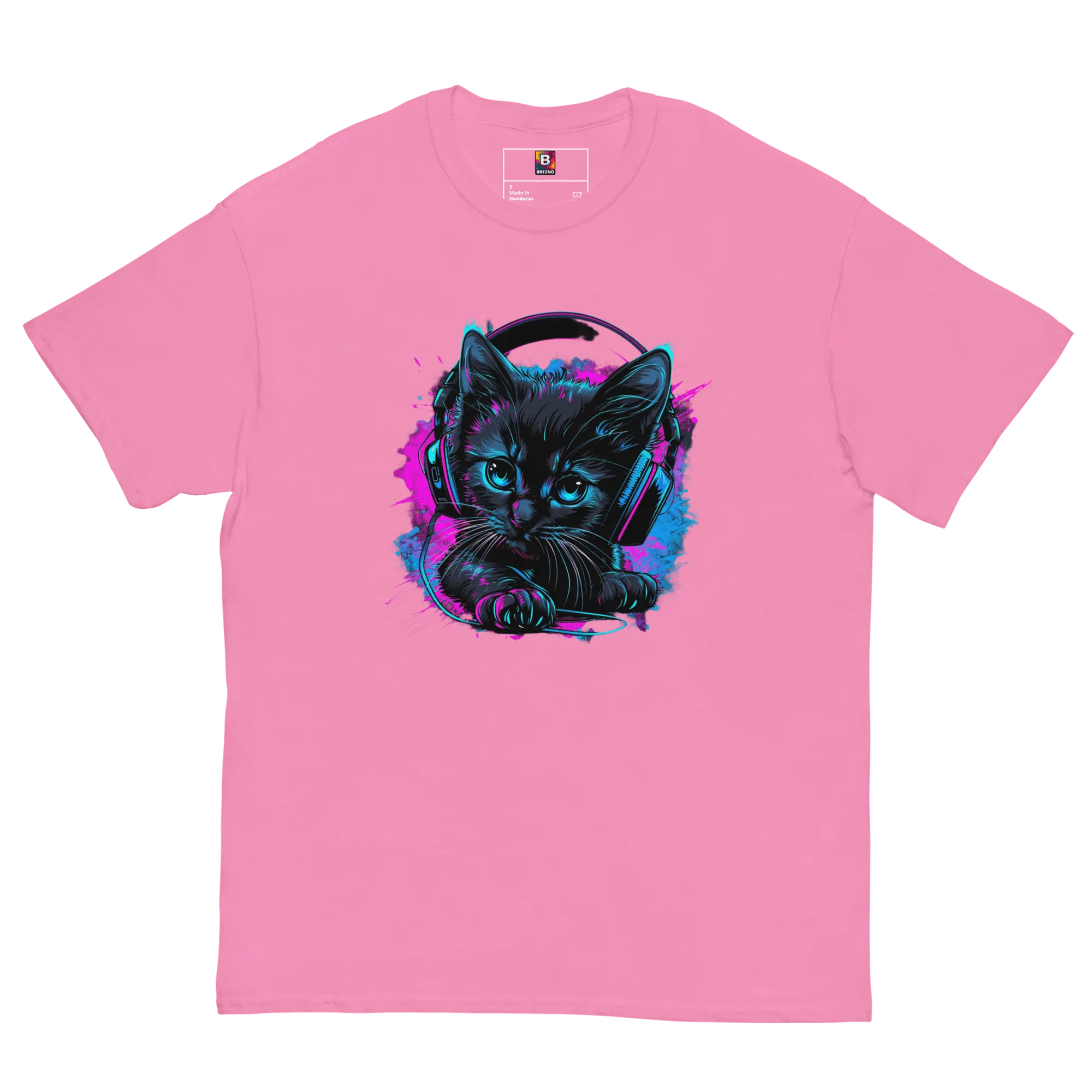 Kawaii Cyber Cat Shirt von Brezno – Neon Katze mit Kopfhörern & bunter Pfoten-Backprint | Streetwear Design | Unisex T-Shirt 