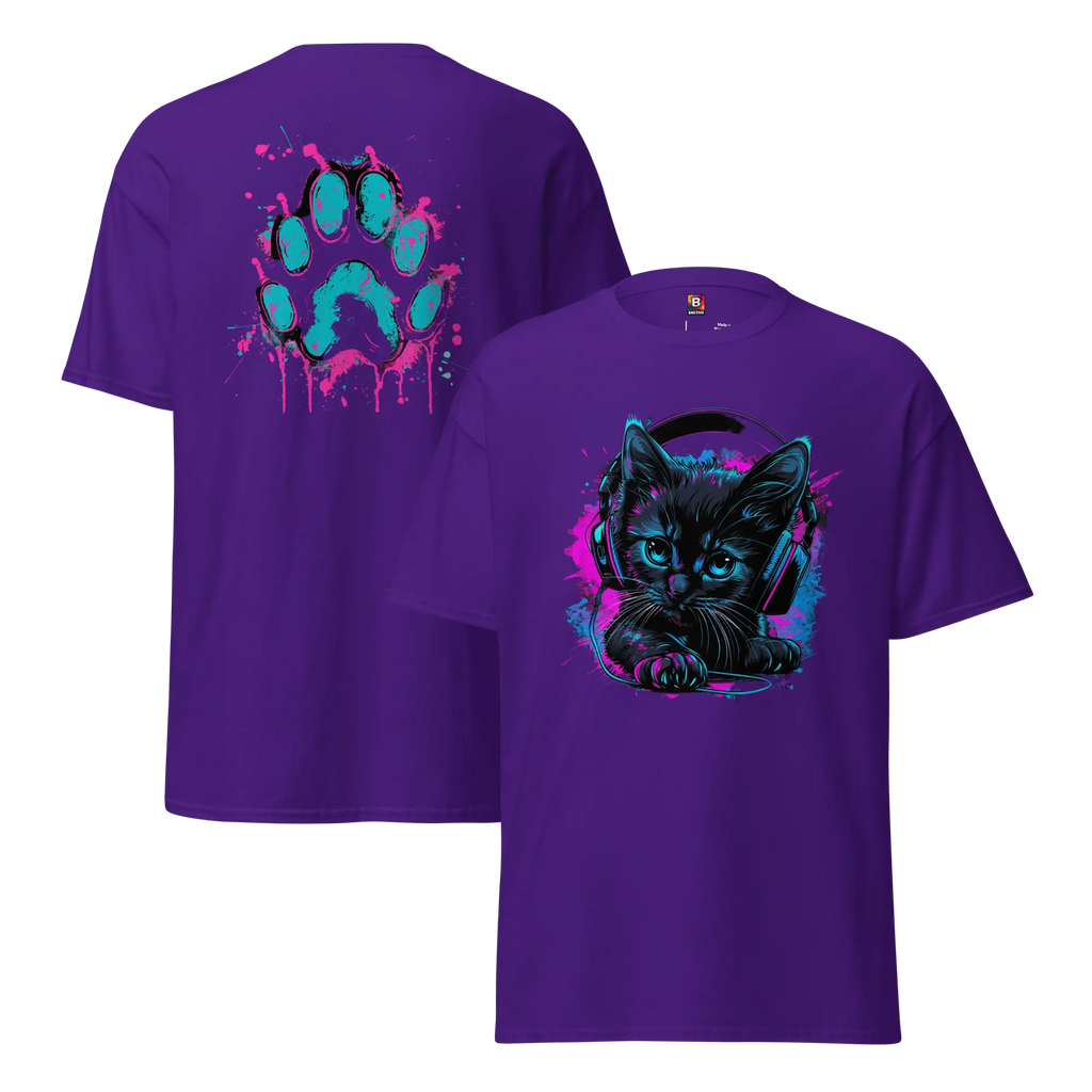 Kawaii Cyber Cat Shirt von Brezno – Neon Katze mit Kopfhörern & bunter Pfoten-Backprint | Streetwear Design | Unisex T-Shirt 