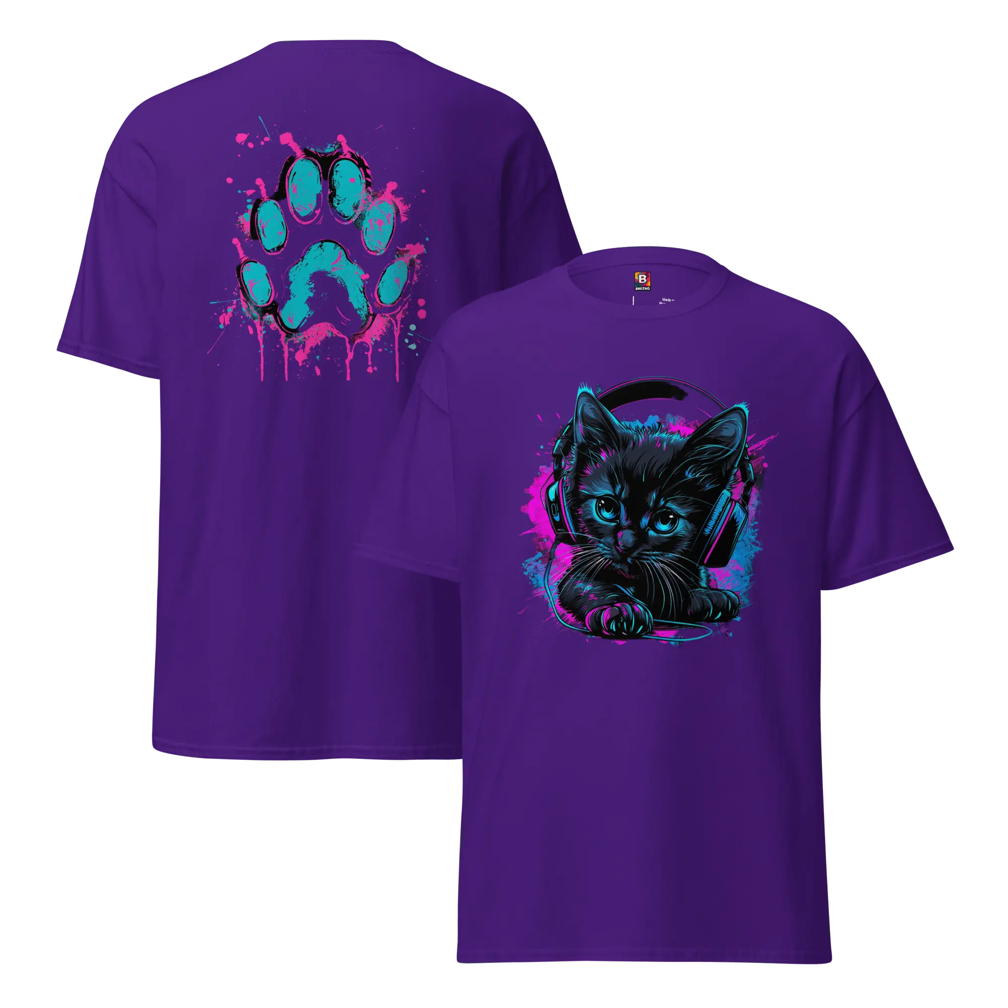 Kawaii Cyber Cat Shirt von Brezno – Neon Katze mit Kopfhörern & bunter Pfoten-Backprint | Streetwear Design | Unisex T-Shirt 