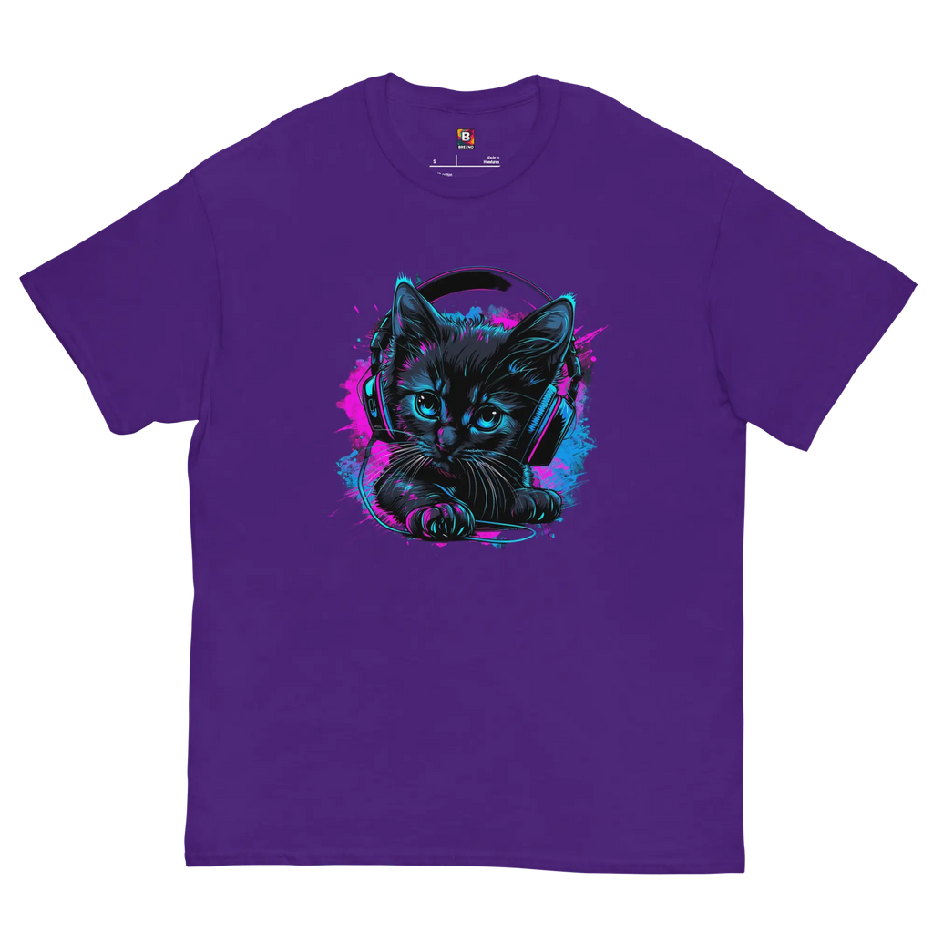 Kawaii Cyber Cat Shirt von Brezno – Neon Katze mit Kopfhörern & bunter Pfoten-Backprint | Streetwear Design | Unisex T-Shirt 