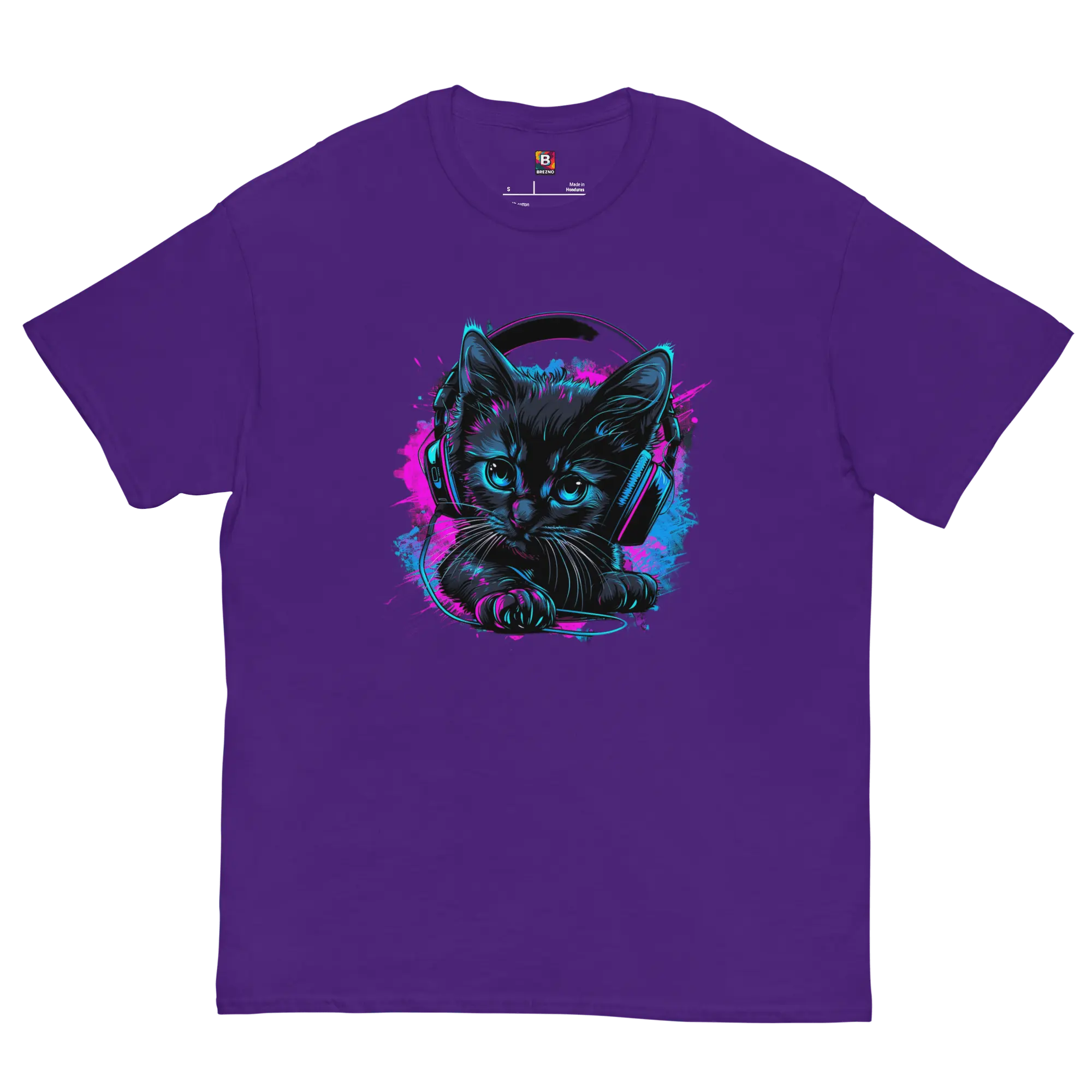 Kawaii Cyber Cat Shirt von Brezno – Neon Katze mit Kopfhörern & bunter Pfoten-Backprint | Streetwear Design | Unisex T-Shirt 