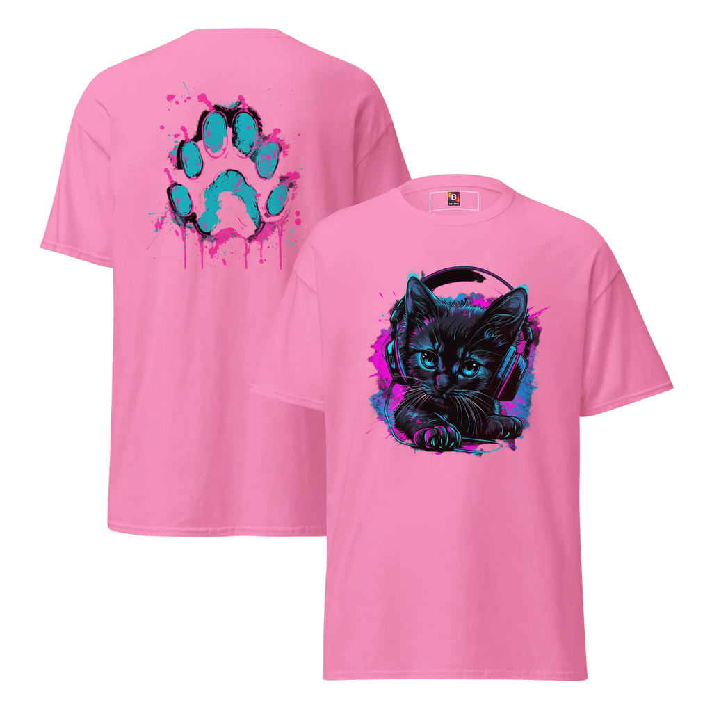 Kawaii Cyber Cat Shirt von Brezno – Neon Katze mit Kopfhörern & bunter Pfoten-Backprint | Streetwear Design | Unisex T-Shirt 