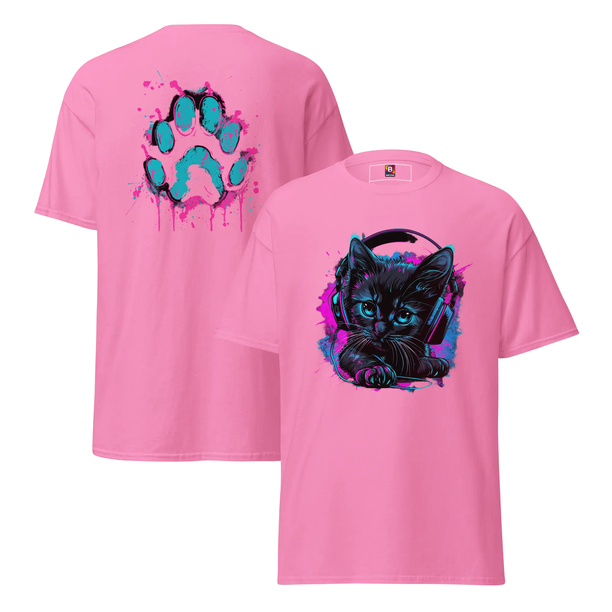Kawaii Cyber Cat Shirt von Brezno – Neon Katze mit Kopfhörern & bunter Pfoten-Backprint | Streetwear Design | Unisex T-Shirt 