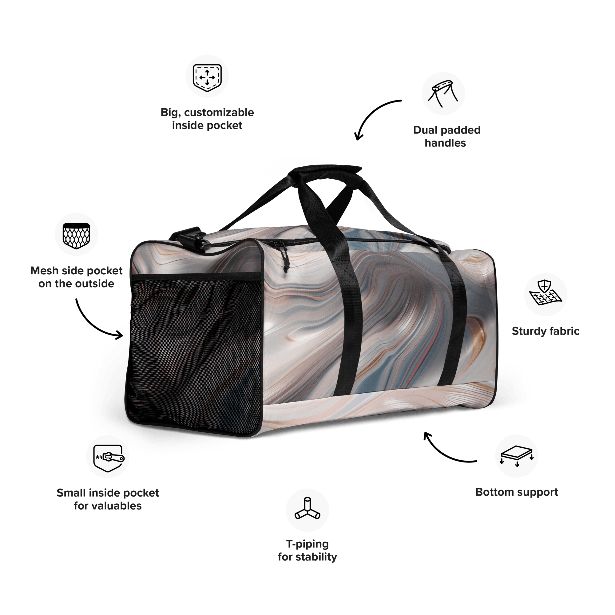 Fluid Wave Duffle Bag – Stylische 50L Weekender - Tasche mit abstraktem Allover - Design von Brezno – Streetwear von Brezno | Sporttasche