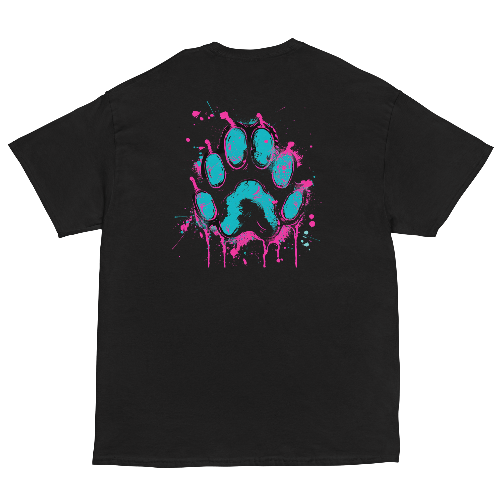 Kawaii Cyber Cat Shirt von Brezno – Neon Katze mit Kopfhörern & bunter Pfoten - Backprint | Streetwear Design | Unisex T-Shirt – Streetwear von Brezno | T-Shirt