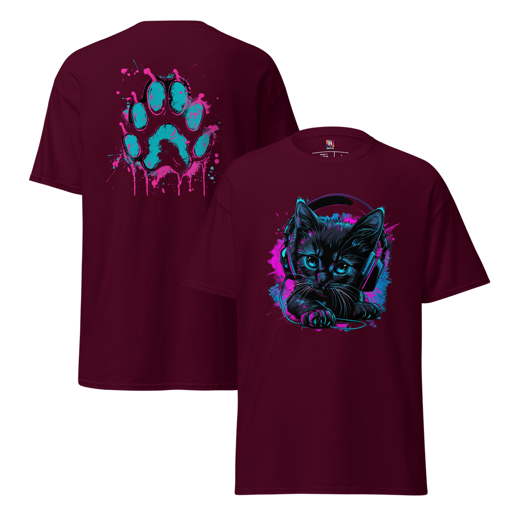Kawaii Cyber Cat Shirt von Brezno – Neon Katze mit Kopfhörern & bunter Pfoten - Backprint | Streetwear Design | Unisex T-Shirt – Streetwear von Brezno | T-Shirt