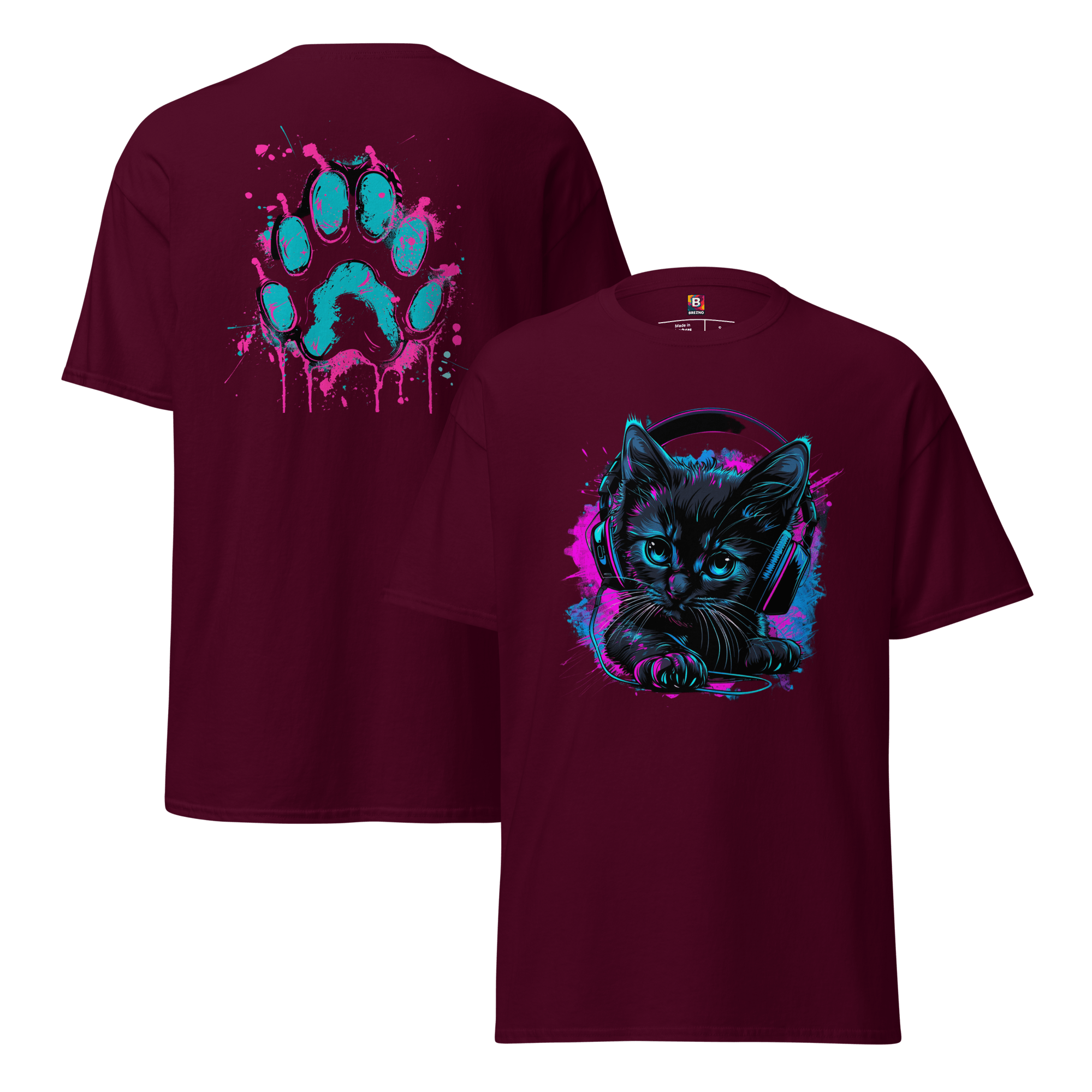 Kawaii Cyber Cat Shirt von Brezno – Neon Katze mit Kopfhörern & bunter Pfoten - Backprint | Streetwear Design | Unisex T-Shirt – Streetwear von Brezno | T-Shirt