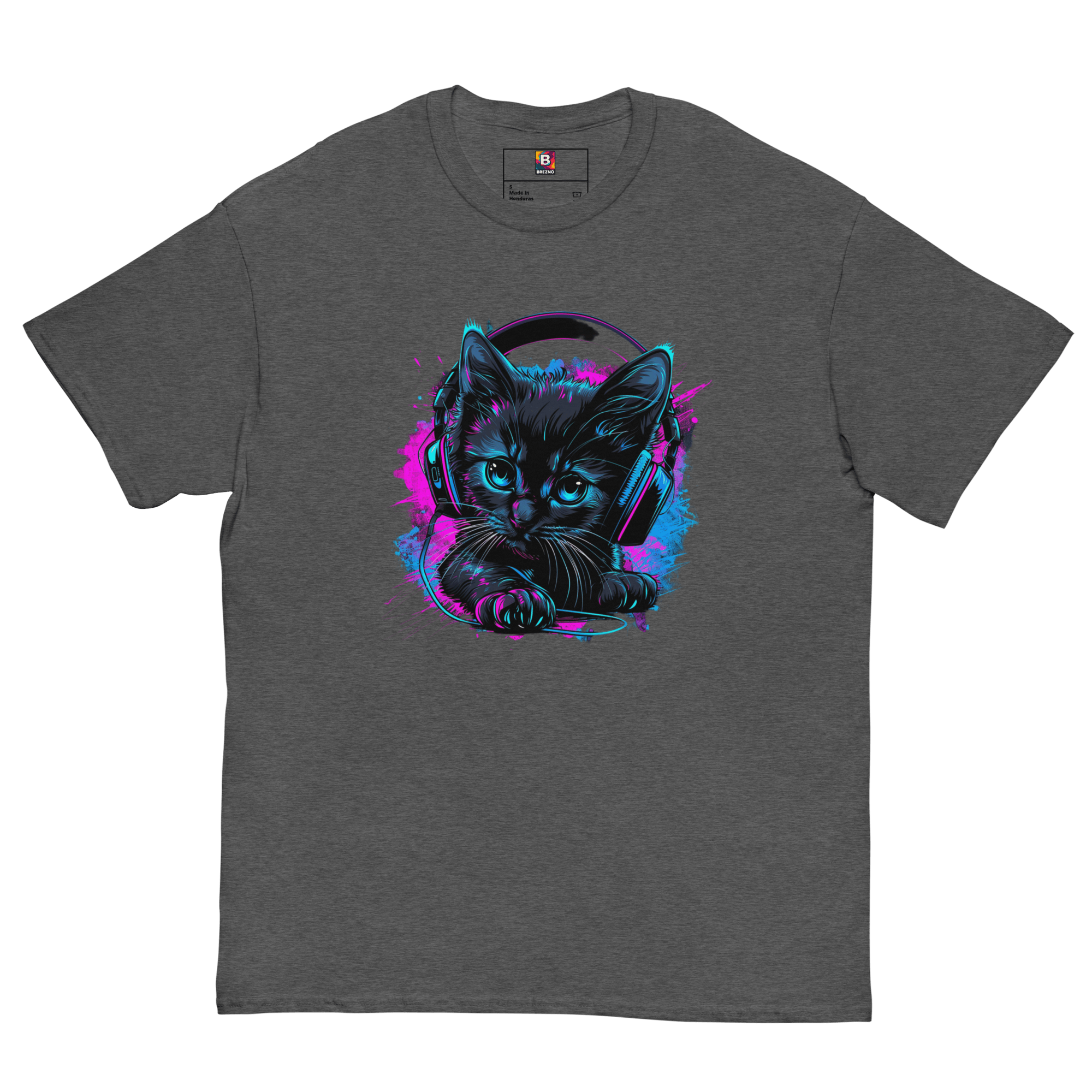 Kawaii Cyber Cat Shirt von Brezno – Neon Katze mit Kopfhörern & bunter Pfoten - Backprint | Streetwear Design | Unisex T-Shirt – Streetwear von Brezno | T-Shirt