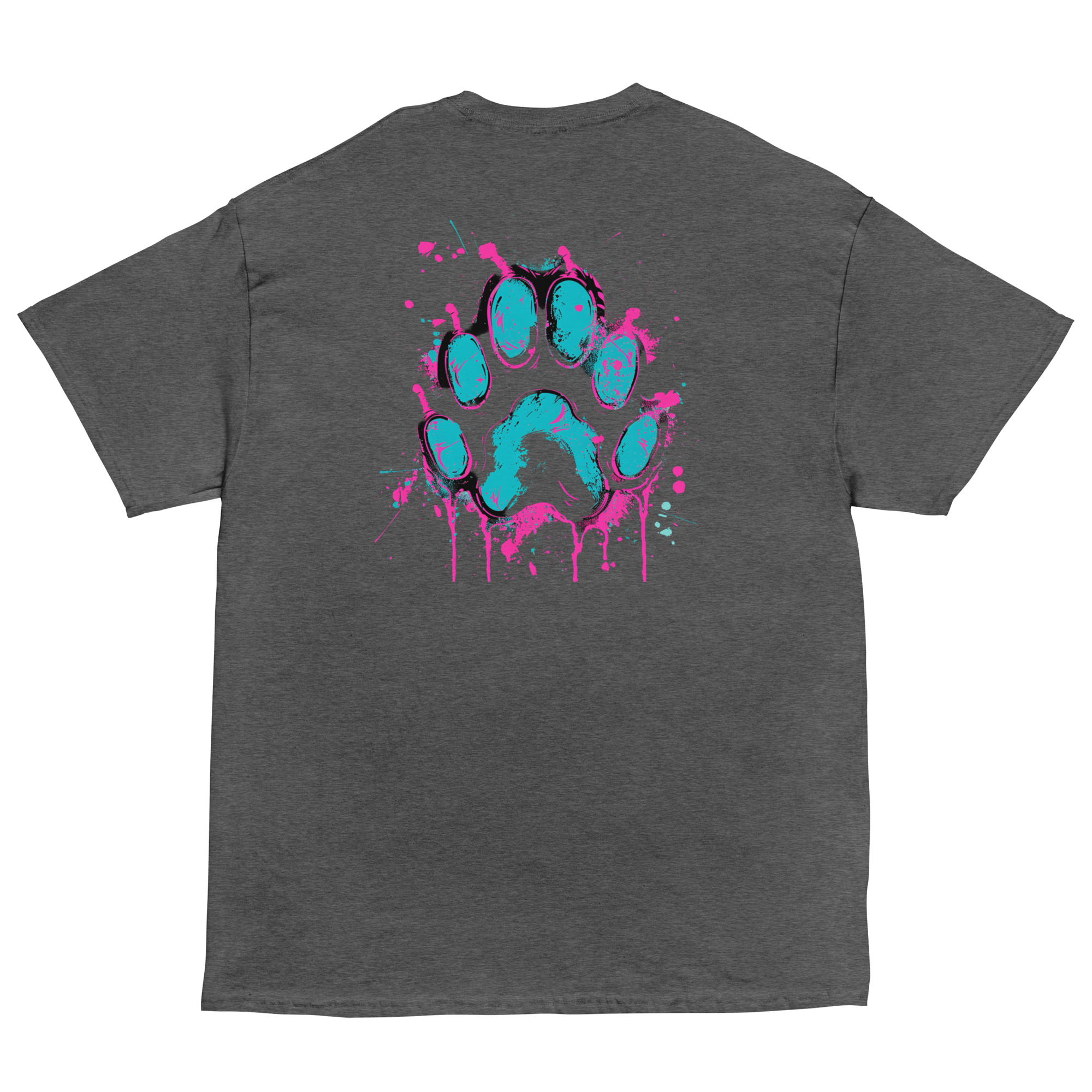 Kawaii Cyber Cat Shirt von Brezno – Neon Katze mit Kopfhörern & bunter Pfoten - Backprint | Streetwear Design | Unisex T-Shirt – Streetwear von Brezno | T-Shirt