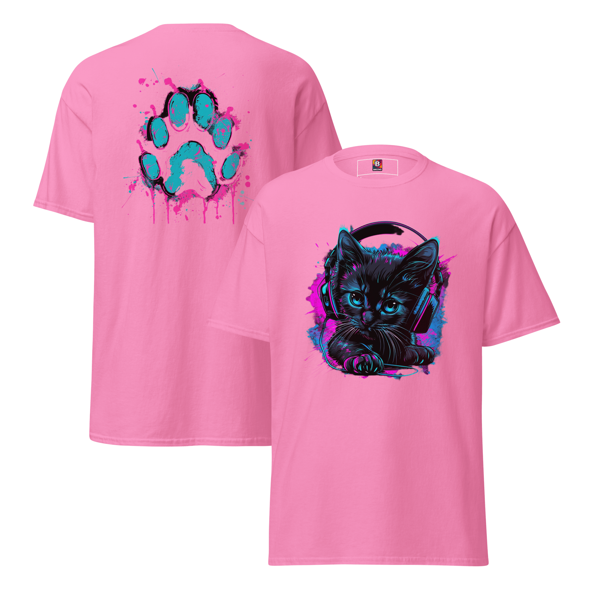 Kawaii Cyber Cat Shirt von Brezno – Neon Katze mit Kopfhörern & bunter Pfoten - Backprint | Streetwear Design | Unisex T-Shirt – Streetwear von Brezno | T-Shirt