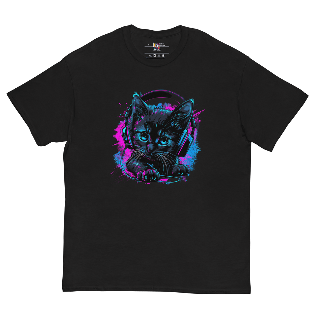 Kawaii Cyber Cat Shirt von Brezno – Neon Katze mit Kopfhörern & bunter Pfoten - Backprint | Streetwear Design | Unisex T-Shirt – Streetwear von Brezno | T-Shirt