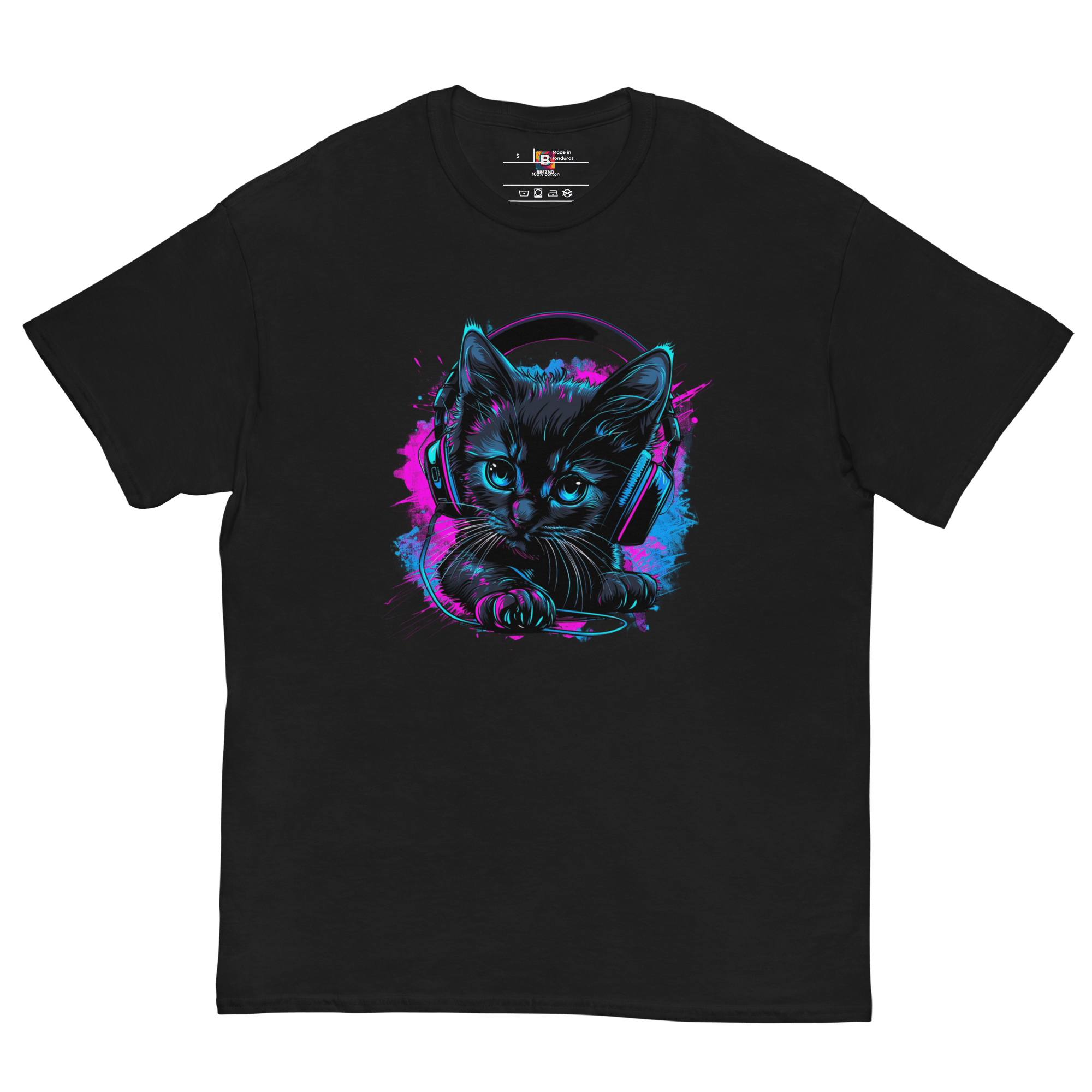 Kawaii Cyber Cat Shirt von Brezno – Neon Katze mit Kopfhörern & bunter Pfoten - Backprint | Streetwear Design | Unisex T-Shirt – Streetwear von Brezno | T-Shirt