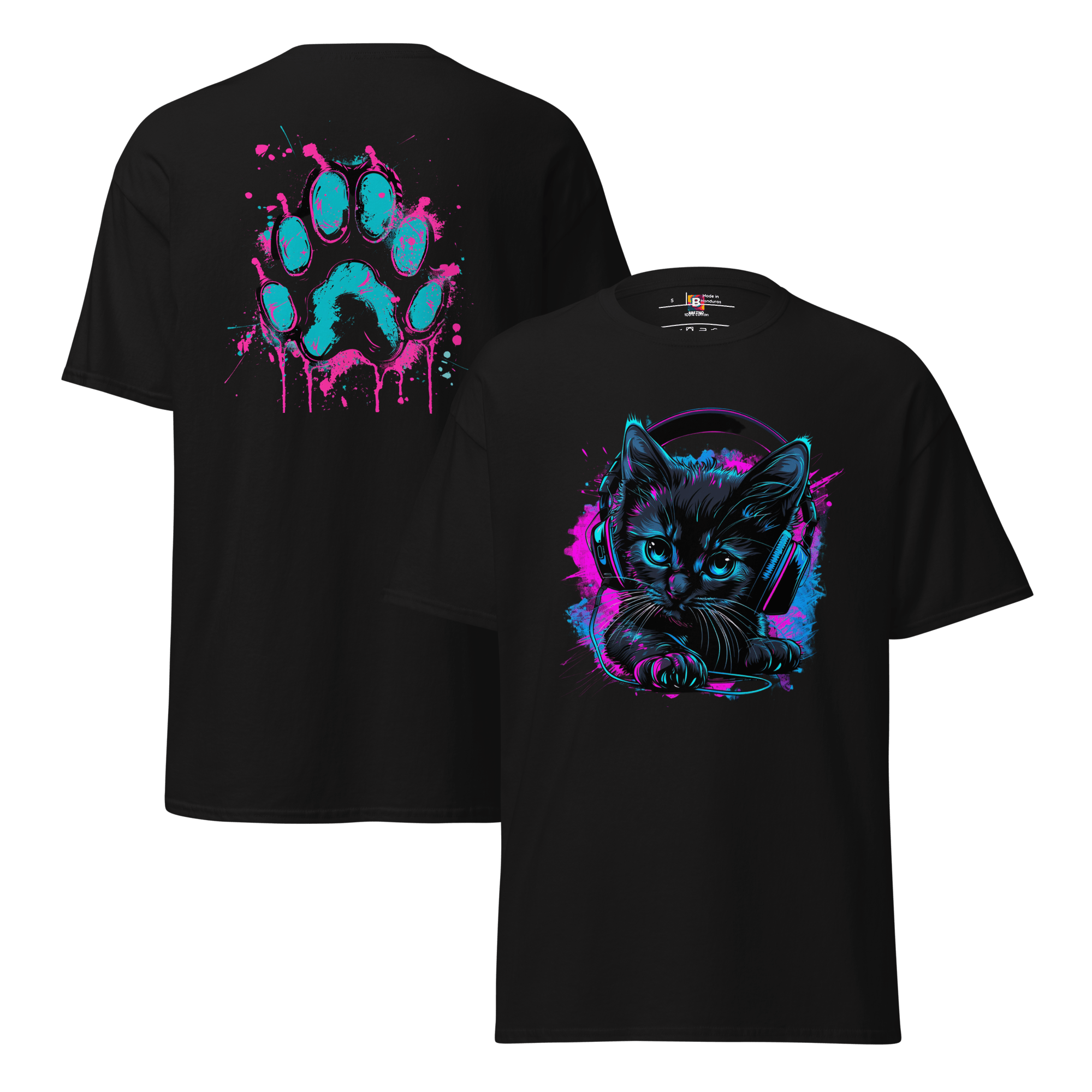 Kawaii Cyber Cat Shirt von Brezno – Neon Katze mit Kopfhörern & bunter Pfoten - Backprint | Streetwear Design | Unisex T-Shirt – Streetwear von Brezno | T-Shirt
