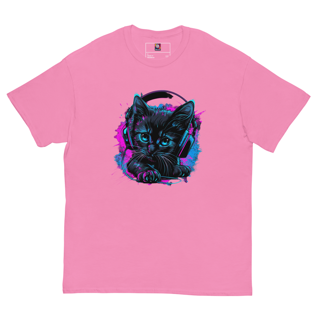 Kawaii Cyber Cat Shirt von Brezno – Neon Katze mit Kopfhörern & bunter Pfoten - Backprint | Streetwear Design | Unisex T-Shirt – Streetwear von Brezno | T-Shirt