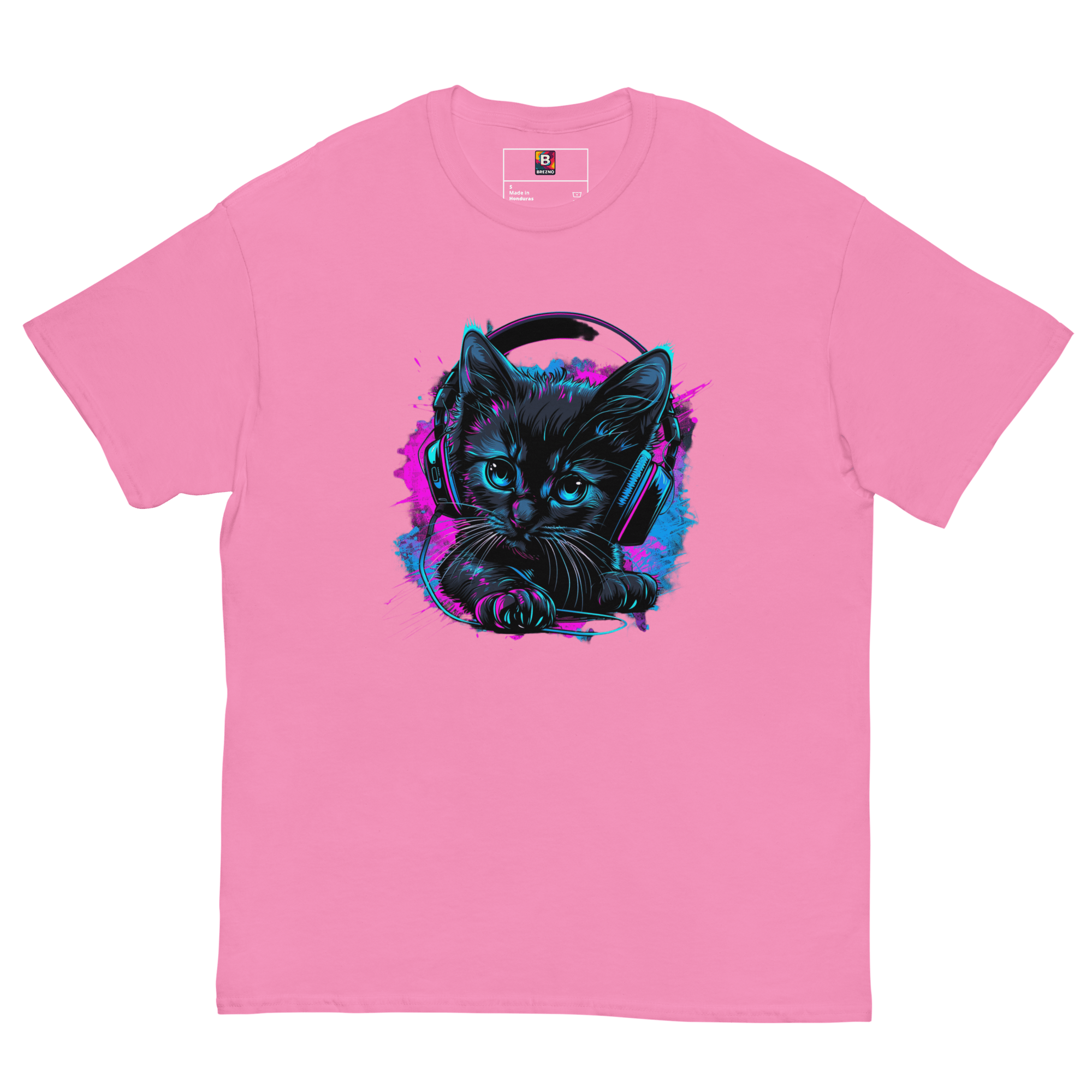 Kawaii Cyber Cat Shirt von Brezno – Neon Katze mit Kopfhörern & bunter Pfoten - Backprint | Streetwear Design | Unisex T-Shirt – Streetwear von Brezno | T-Shirt