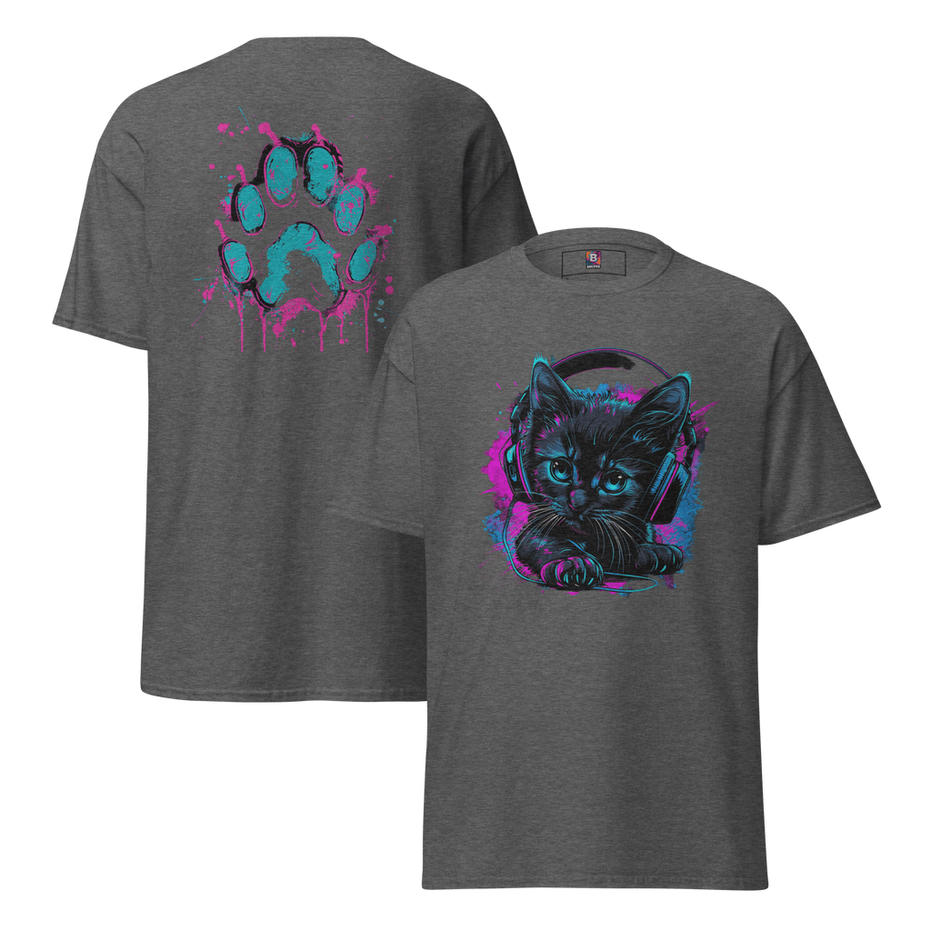 Kawaii Cyber Cat Shirt von Brezno – Neon Katze mit Kopfhörern & bunter Pfoten - Backprint | Streetwear Design | Unisex T-Shirt – Streetwear von Brezno | T-Shirt