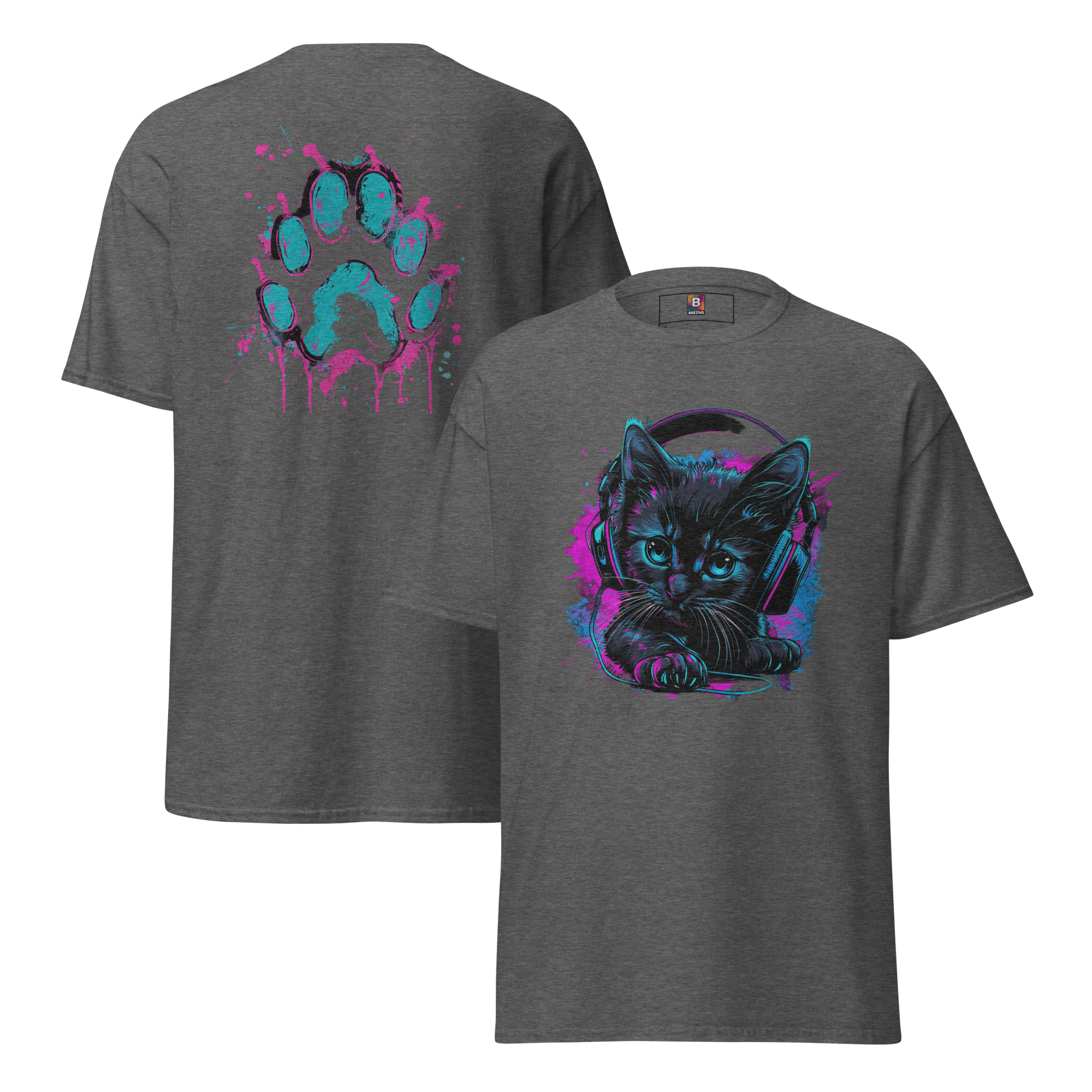 Kawaii Cyber Cat Shirt von Brezno – Neon Katze mit Kopfhörern & bunter Pfoten - Backprint | Streetwear Design | Unisex T-Shirt – Streetwear von Brezno | T-Shirt