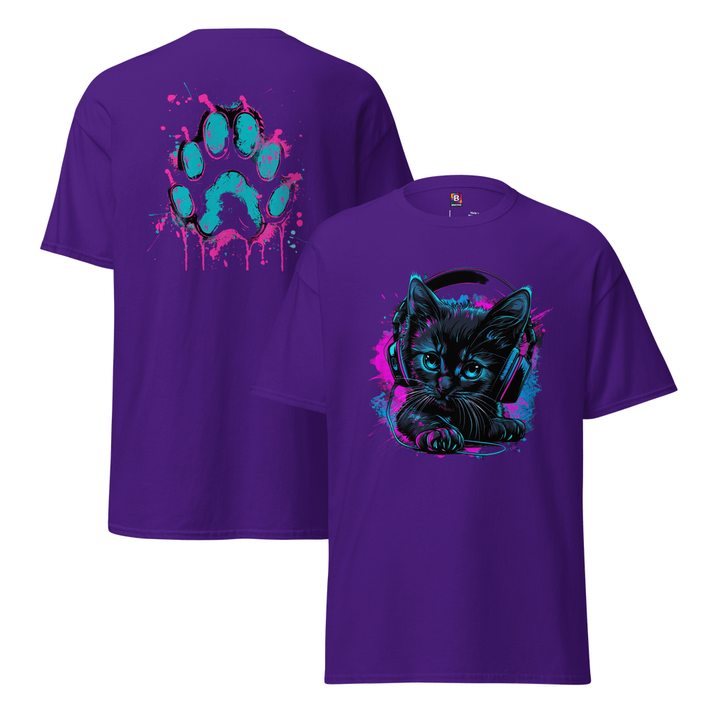 Kawaii Cyber Cat Shirt von Brezno – Neon Katze mit Kopfhörern & bunter Pfoten - Backprint | Streetwear Design | Unisex T-Shirt – Streetwear von Brezno | T-Shirt