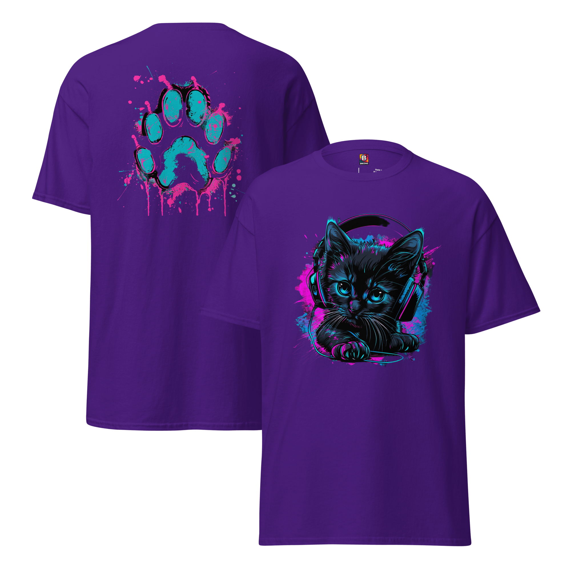 Kawaii Cyber Cat Shirt von Brezno – Neon Katze mit Kopfhörern & bunter Pfoten - Backprint | Streetwear Design | Unisex T-Shirt – Streetwear von Brezno | T-Shirt