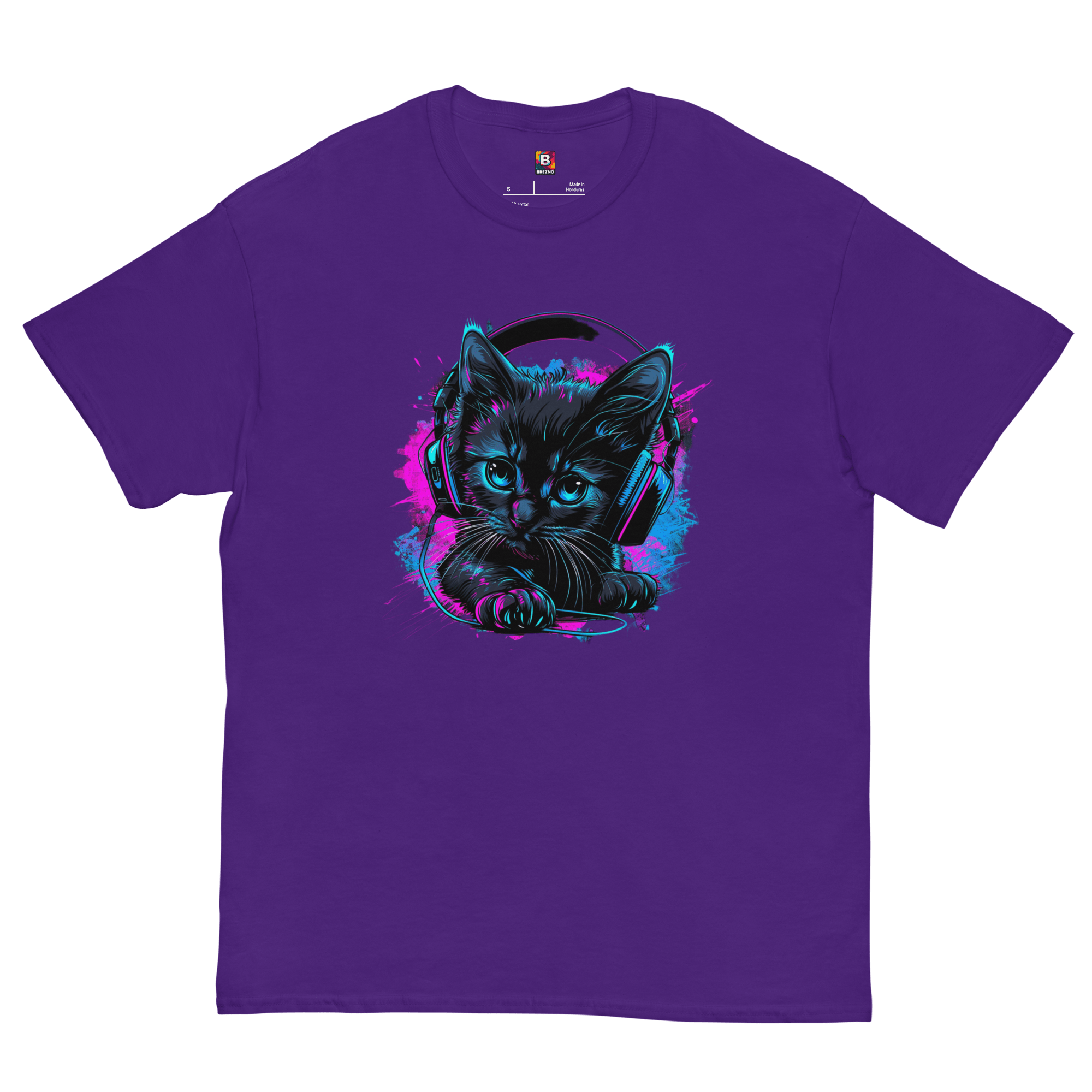 Kawaii Cyber Cat Shirt von Brezno – Neon Katze mit Kopfhörern & bunter Pfoten - Backprint | Streetwear Design | Unisex T-Shirt – Streetwear von Brezno | T-Shirt