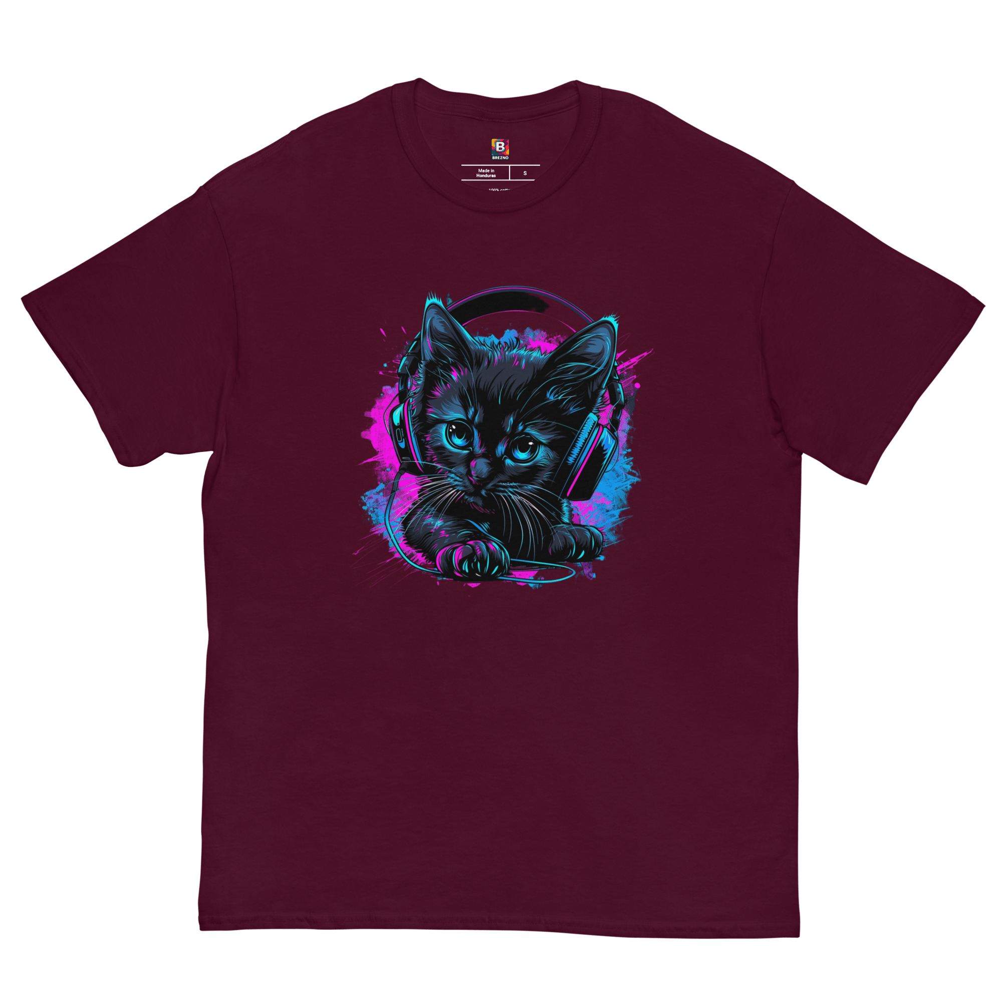 Kawaii Cyber Cat Shirt von Brezno – Neon Katze mit Kopfhörern & bunter Pfoten - Backprint | Streetwear Design | Unisex T-Shirt – Streetwear von Brezno | T-Shirt
