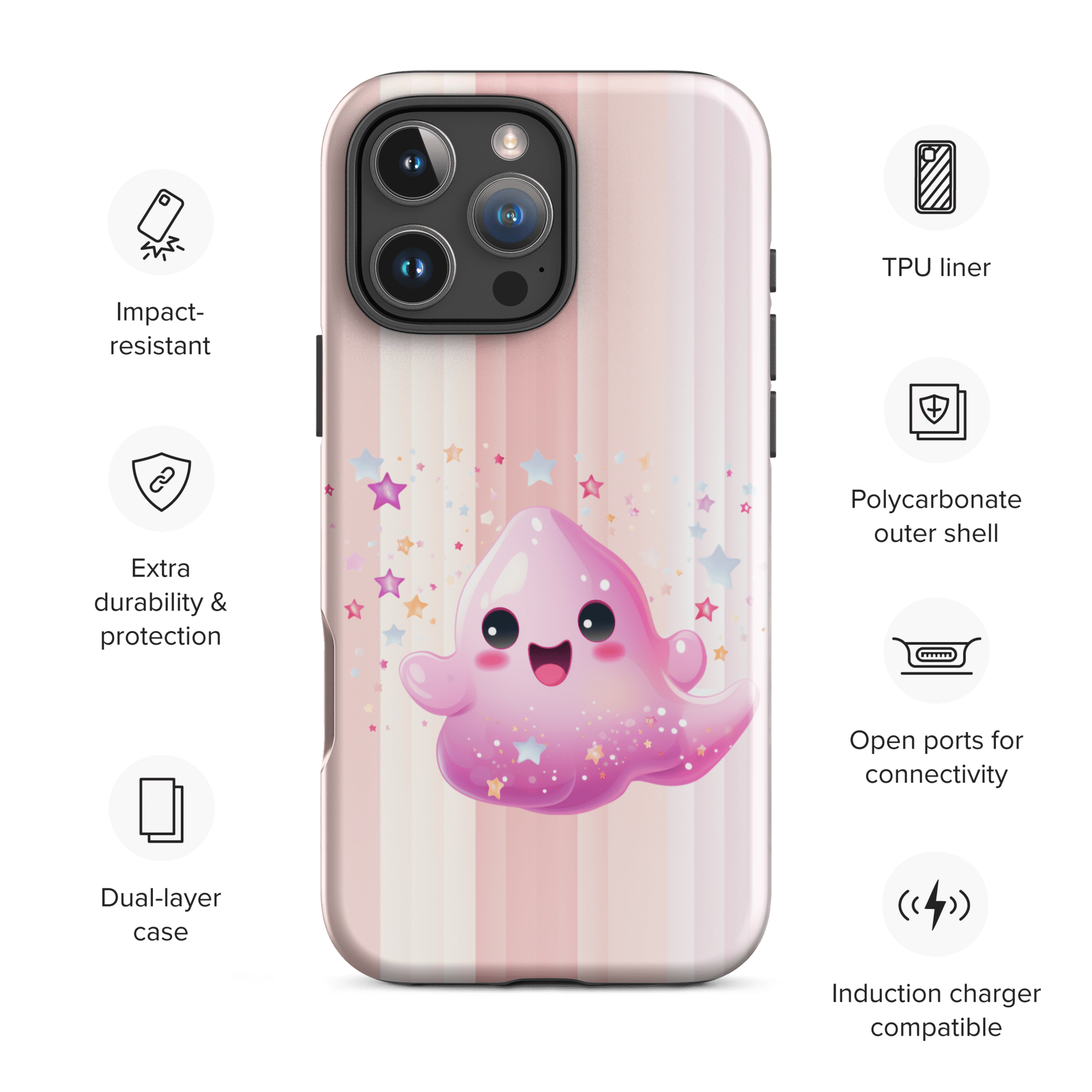 Kawaii Pinker Geist - Süße iPhone Hülle mit Streifen | Handyhülle für Teenager & Mädchen Geschenkidee von Brezno – Streetwear von Brezno | Kawaii Handyhülle